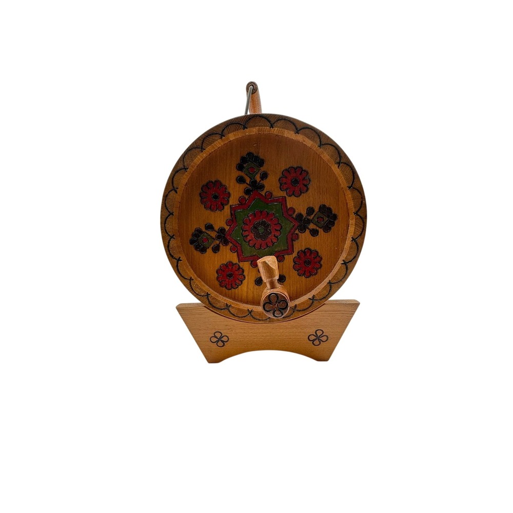 Wooden Barrel Beverage Dispenser w/ Stand Hand Painted Folk Art Rustic Vintage
